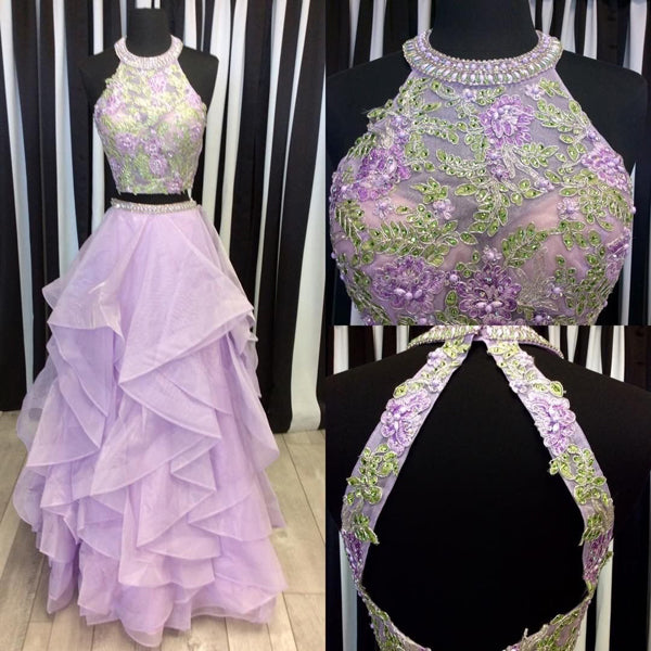 Beautiful Lilac Organza Two Piece Halter Floor-length Long Prom Dress, SP391|simidress.com