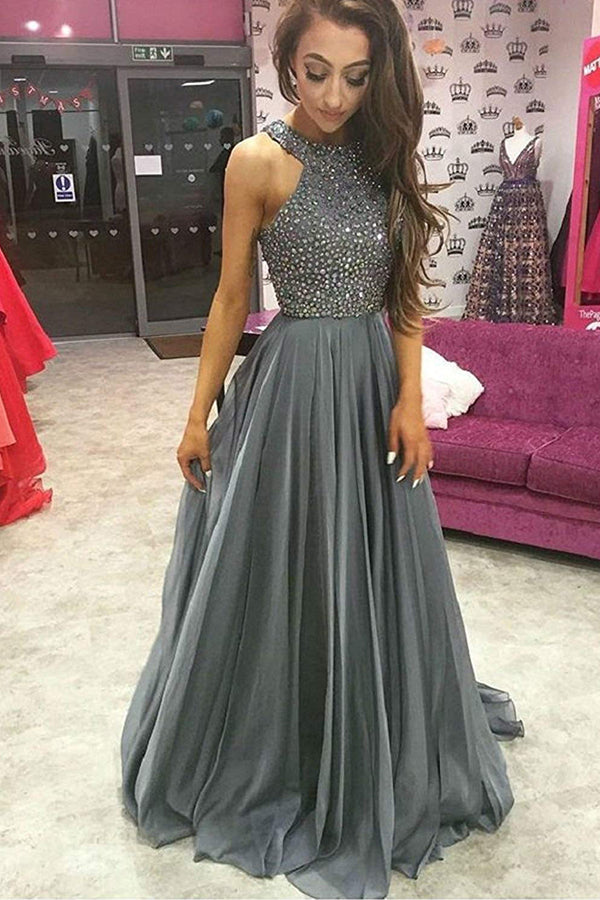 Grey Chiffon A-line Top Dark Rhinestone Beaded Prom Dresses Party Dress, SP393 Simidress Grey Chiffon A-line Top Dark Rhinestone Beaded Prom Dresses Party Dress, SP393 Simidress