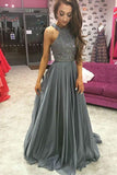 Grey Chiffon A-line Top Dark Rhinestone Beaded Prom Dresses Party Dress, SP393