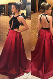 Dark Red Satin A-line Backless Round-neck Keyhole Long Prom Dresses, SP394