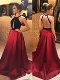 Simidress.com offer Dark Red Satin A-line Backless Round-neck Keyhole Long Prom Dresses, SP394