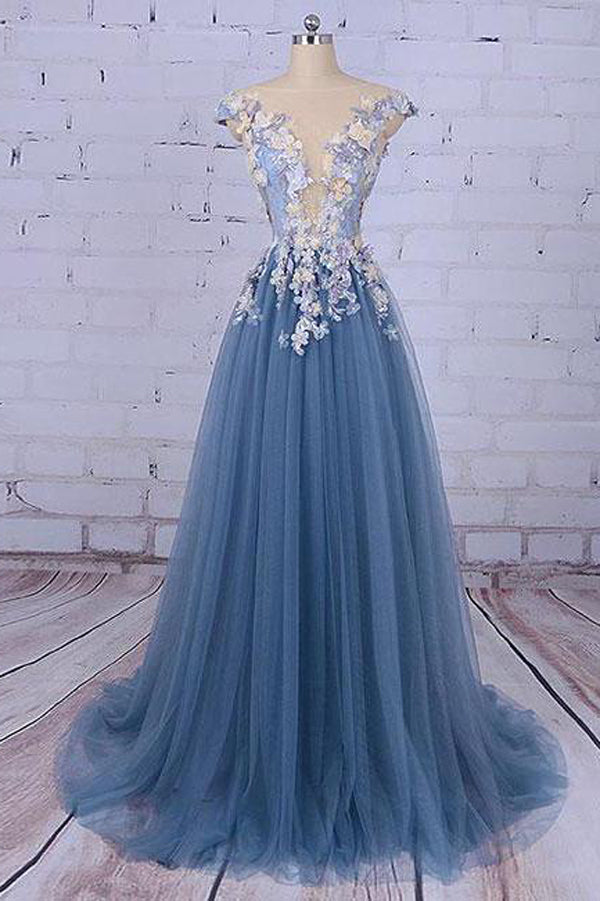 Charming A-line Scoop Tulle Long Prom Dress/Evening Dress with Flowers, SP395