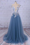Charming A-line Scoop Tulle Long Prom Dress/Evening Dress with Flowers, SP395
