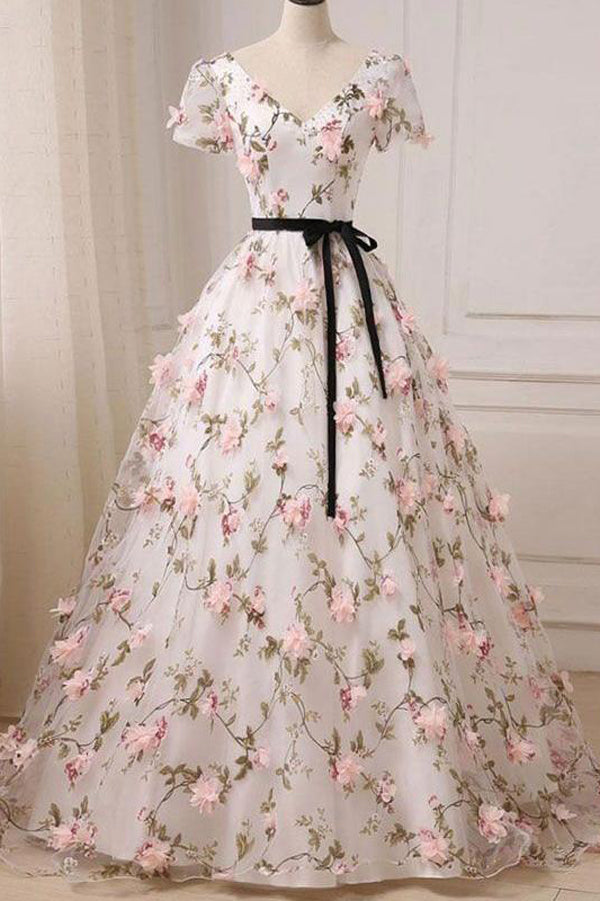 Unique A-line V-neck Ball Gown Floor-length Floral Lace Long Prom Dresses, SP396