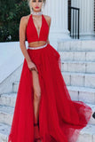 Red Tulle Two Piece A-line High Neck V-neck Long Prom Dress Evening Dresses, SP397