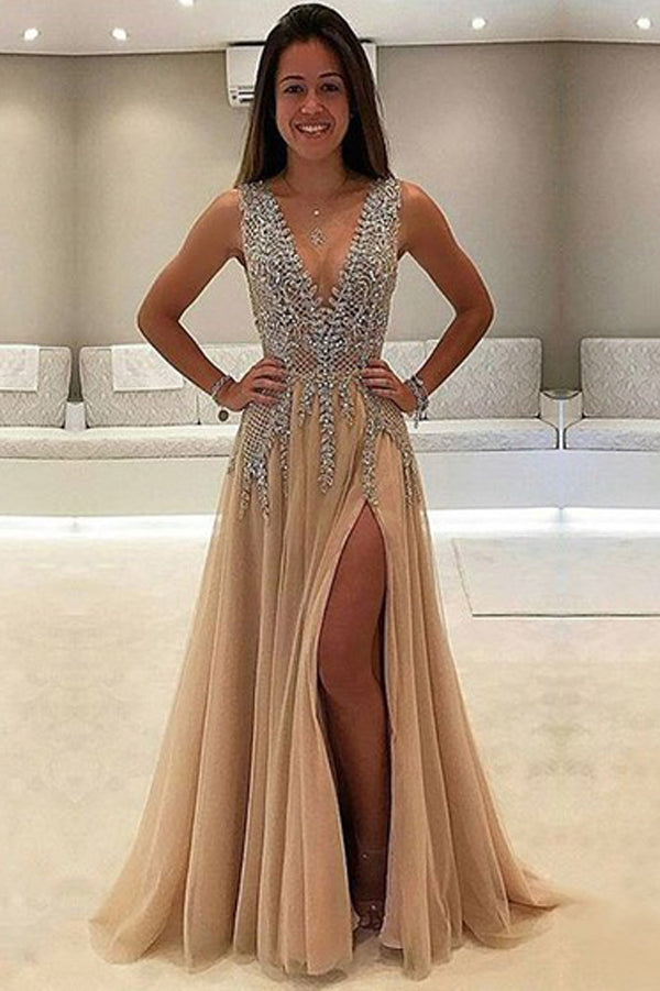 Charming High Quality Tulle A-line V neck Prom Dresses with Side Slit, SP399