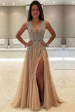 Charming High Quality Tulle A-line V neck Prom Dresses with Side Slit, SP399