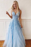 Sky Blue Tulle A Line Lace Sleeveless Floor Length V Neck Prom Dress, SP401 | prom dresses | evening gowns | sky blue prom dresses | Simidress