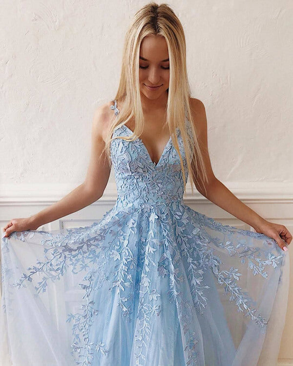 Sky Blue lace tulle prom dresses | evening dresses | party dresses | Simidress.com