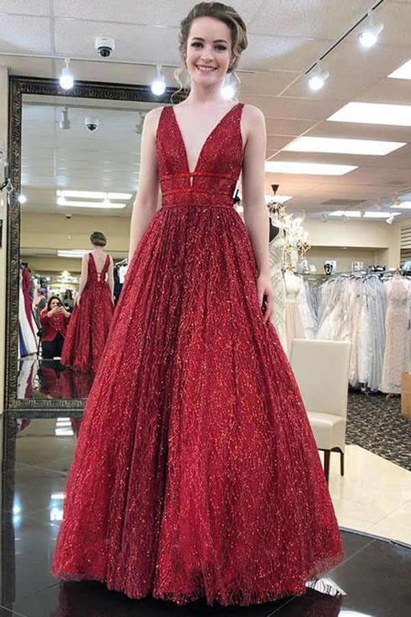 Stunning Red A Line V Neck Sleeveless Floor Length Prom Dress Party Dresses,  SP402 – Simidress
