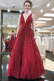 Stunning Red A Line V Neck Sleeveless Floor Length Prom Dress Party Dresses, SP402