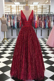 Stunning Red A Line V Neck Sleeveless Floor Length Prom Dress Party Dresses, SP402