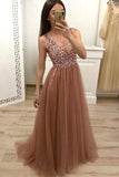 Beautiful Tulle A-line V-neck Beaded Floor-length Prom Dress, Evening Dresses, SP403