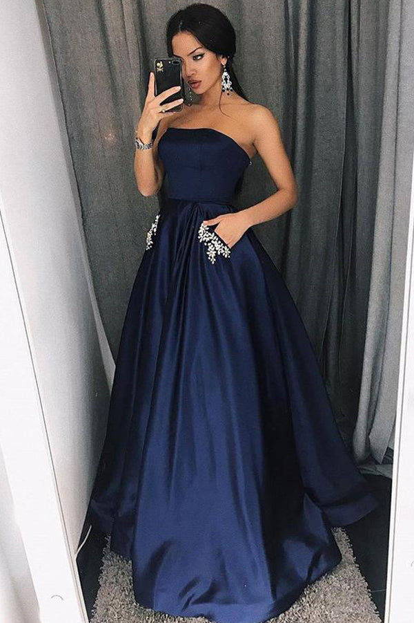 Dark Blue Simple A-Line Strapless Beaded Long Prom Dress with Pockets, SP404 Simidress Dark Blue Simple A-Line Strapless Beaded Long Prom Dress with Pockets, SP404 Simidress