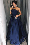 Dark Blue Simple A-Line Strapless Beaded Long Prom Dress with Pockets, SP404