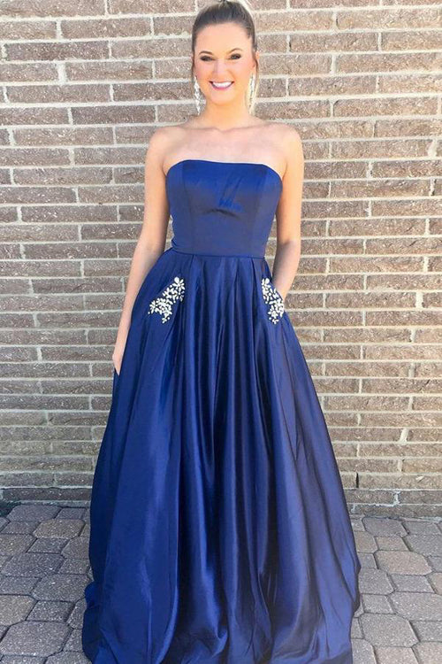 Dark Blue Simple A-Line Strapless Beaded Long Prom Dress with Pockets ...