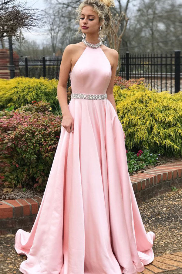 Simple Satin Pink A-line High Neck Beaded Long Prom Dresses, Evening Dress, SP405