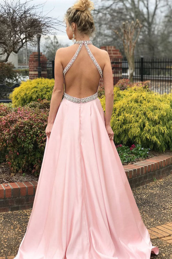 Simple Satin Pink A-line High Neck Beaded Long Prom Dresses, Evening Dress, SP405