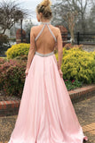 Simple Satin Pink A-line High Neck Beaded Long Prom Dresses, Evening Dress, SP405