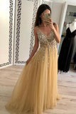 Popular Beaded Tulle V Neck A-line Floor Length Long Prom Dresses with Sequin, SP406