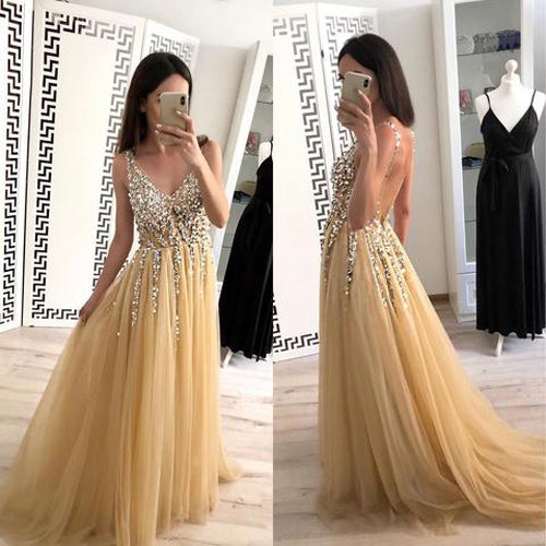 simidress.com offer Popular Beaded Tulle V Neck A-line Floor Length Long Prom Dresses with Sequin, SP406