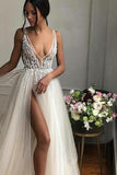Charming Beaded Ivory A-Line V-Neck Floor Length Prom Dress with Split, SP407