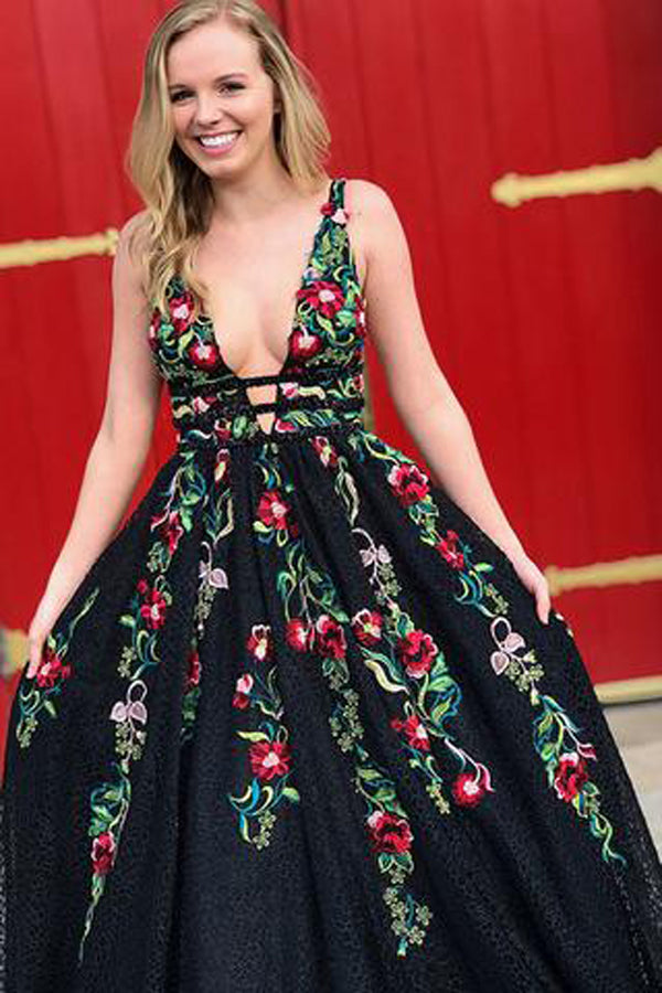 Black A-Line Deep V-Neck Lace Long Prom Dress with Floral Appliques, SP408 Simidress Black A-Line Deep V-Neck Lace Long Prom Dress with Floral Appliques, SP408 Simidress