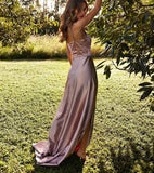 simidress.com offer Simple Satin A-Line Backless Straps Cheap Long Prom Dress with Slit, SP409