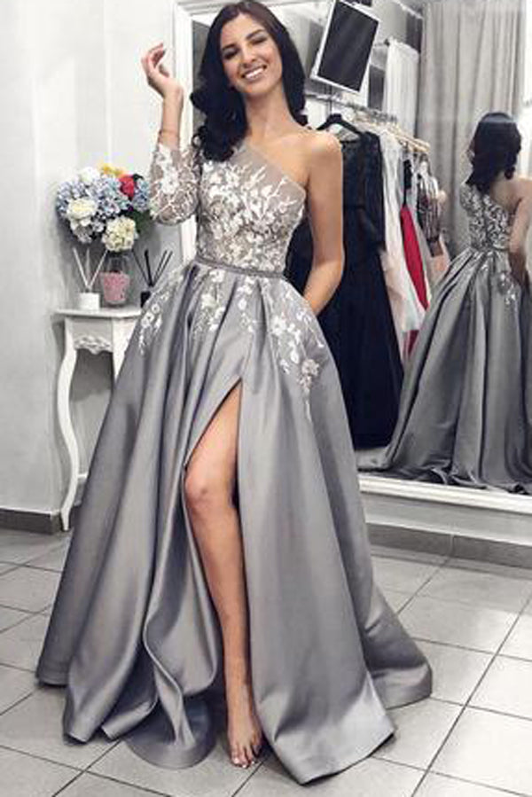Gray One Shoulder Long Sleeves Prom Dress Evening Dress with Side Slit, SP410