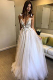 Beaded A-line Deep V-neck Straps Tulle Beach Wedding Dress with Appliques, SW238