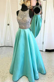 Beautiful Beaded Satin Open Back Jewelry Neck Sequins Long Prom Dresses, SP412