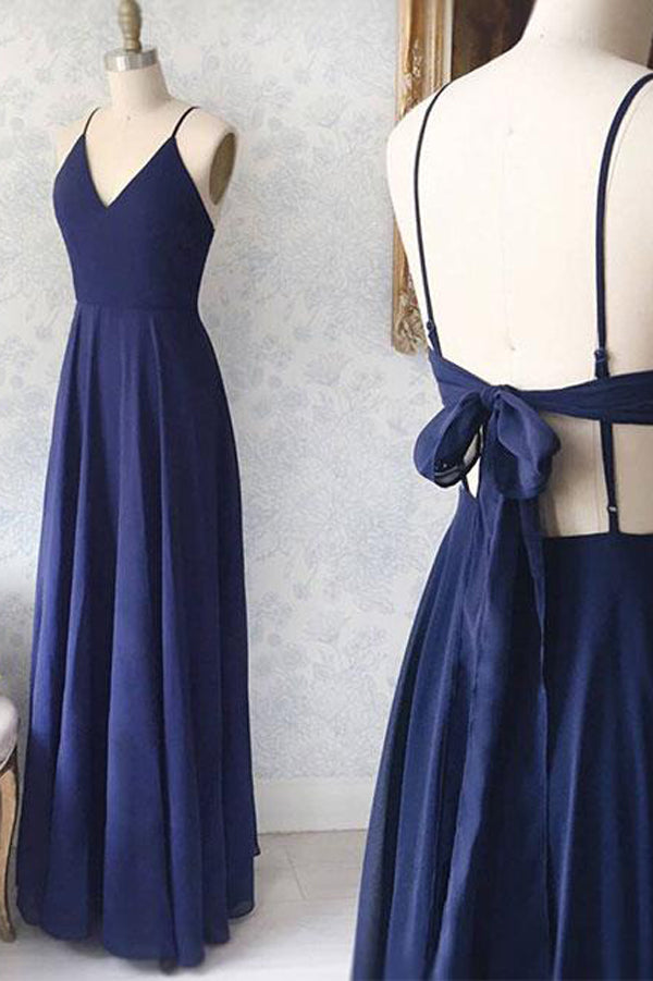Simple Chiffon Blue Spaghetti Straps V-neck Floor Length Prom Dresses, SP414