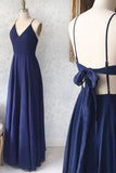 Simple Chiffon Blue Spaghetti Straps V-neck Floor Length Prom Dresses, SP414