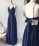 simidress.com offer Simple Chiffon Blue Spaghetti Straps V-neck Floor Length Prom Dresses, SP414