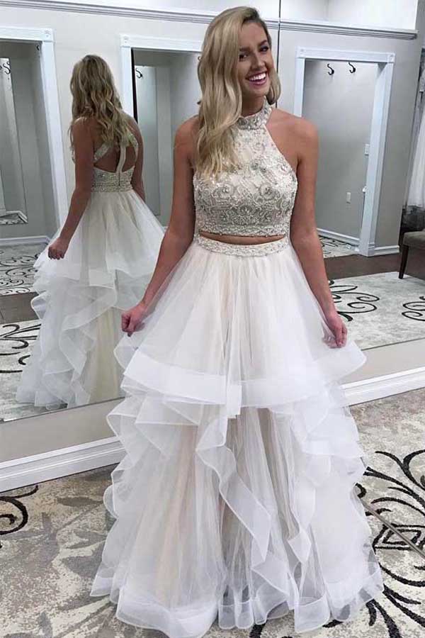 White High Neck Two Piece A Line Tulle Prom Dress Evening Dresses, SP415