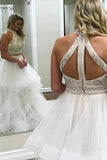 simidress.com offer White High Neck Two Piece A Line Tulle Prom Dress Evening Dresses, SP415