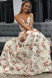 Charming A-line V-neck Spaghetti Straps Floral Long Prom Dresses, SP416