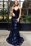 Popular Lace Backless Navy Blue Mermaid Spaghetti Straps Long Prom Dress, SP417