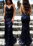 simidress.com offer Popular Lace Backless Navy Blue Mermaid Spaghetti Straps Long Prom Dress, SP417