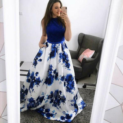 simidress.com offer Fashion Jewel Blue A-Line Floral Long Prom Dress Formal Dress with Pockets, SP418