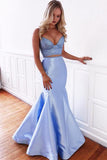 Blue Two Pieces Mermaid Spaghetti Straps Lace Up Prom Dresses, SP419