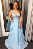Charming Sky Blue A Line Chiffon Long Prom Dress, Beaded Evening Dresses, SP421