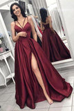 Simple Burgundy Satin Spaghetti Straps Long Prom Dress with High Slit, SP422