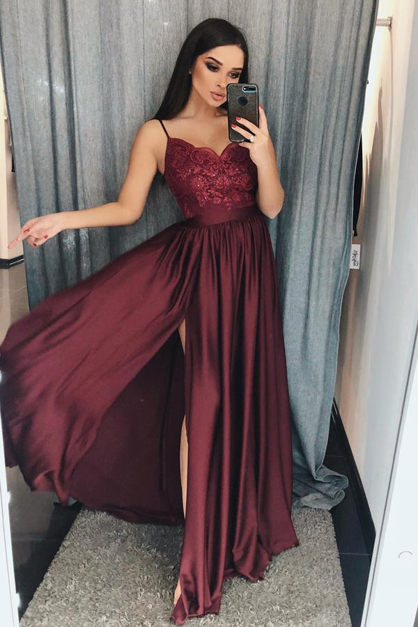 Burgundy A-line Lace Spaghetti Straps V-Neck Long Prom Dress with Split,  SP423 – Simidress