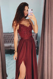 simidress.com offer Burgundy A-line Lace Spaghetti Straps V-Neck Long Prom Dress with Split, SP423