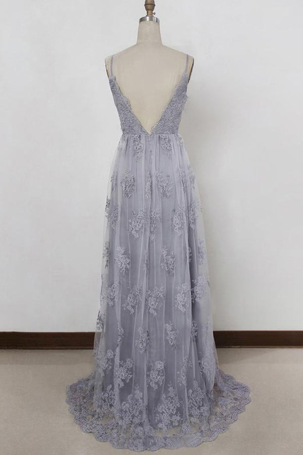 simidress.com offer Lavender Tulle Sheath Spaghetti Straps Backless Prom Dresses with Appliques, SP425