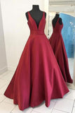 Simple Burgundy A-line V Neck Satin Floor-length Long Prom Dresses, SP426