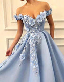 simidress.com offer Blue Satin A-line Off-the-shoulder Lace Sweetheart 3D Flowers Prom Dresses, SP427