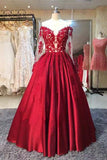 Burgundy A-line Floor-Length Long Sleeves Sweetheart Lace Prom Dresses, SP428