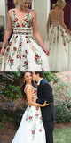 Fashion Ivory Lace A-line Deep V-neck Backless Prom Dress with Appliques, SP429